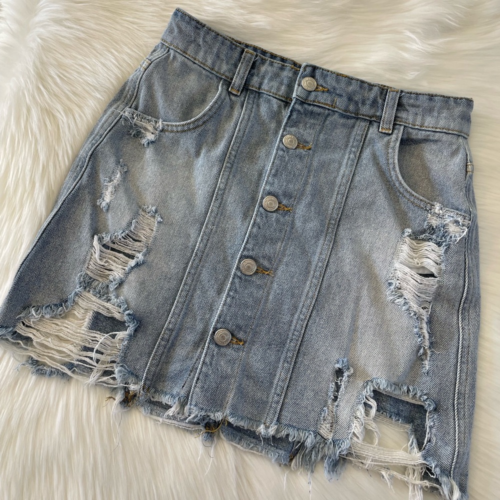 Free People Ripped Jean Skirt - Picture 2 of 9